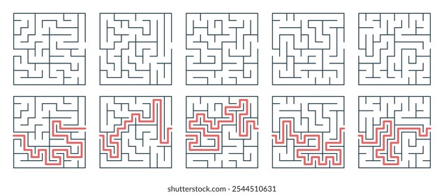 Conjunto de labirinto com uma solução. Jogo para crianças. Labirinto vetorial, enigma.  Quebra-cabeça para crianças. Encontre o caminho certo. Labirinto para livros, impressão, atividade familiar.