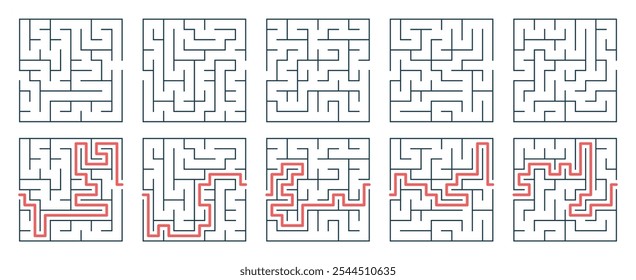 Conjunto de labirinto com uma solução. Jogo para crianças. Labirinto vetorial, enigma.  Quebra-cabeça para crianças. Encontre o caminho certo. Labirinto para livros, impressão, atividade familiar.