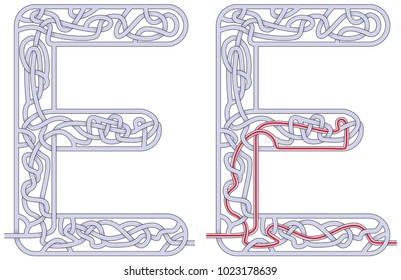 Maze in the shape of capital letter E - worksheet for learning alphabet