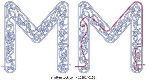 Maze in the shape capital letter M    worksheet for learning alphabet