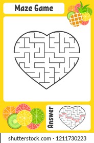 Maze in the shape of a heart. Kids worksheets. Activity page. Game puzzle for children. Appetizing tropical fruits. Labyrinth conundrum. Vector illustration. With answer.