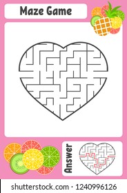 Maze in the shape of a heart. Kids worksheets. Activity page. Game puzzle for children. Appetizing tropical fruits. Labyrinth conundrum. Vector illustration. With answer.