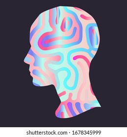 Maze in the shape of a human head. Conceptual minimalist illustration of Mental disorders, dellusions and illusions.