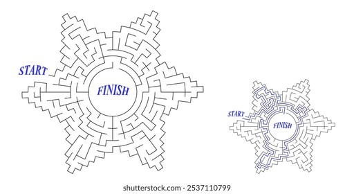 Maze in a shape of six-pointed star or flower with 6 petals. Maze of medium level of difficulty with solution. Nice vector puzzle for children and adults.
