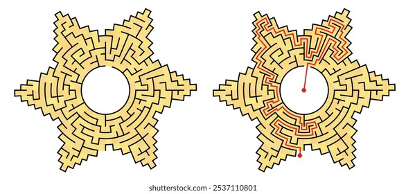 Laberinto en forma de estrella de seis puntas o flor con 6 pétalos. Laberinto de Mediano nivel de dificultad con solución. Buen rompecabezas de Vector para niños y adultos.
