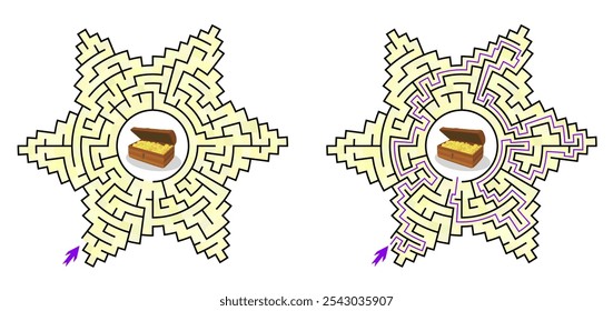 Labirinto em forma de estrela de seis pontas ou flor com 6 pétalas. Labirinto de nível médio de dificuldade com solução. Bom quebra-cabeça vetorial para crianças e adultos.
