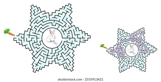 Maze in a shape of six-pointed star or flower with 6 petals. Maze of medium level of difficulty with solution. Nice vector puzzle for children and adults.
