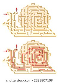 Maze in a shape of snail. Find the way through labyrinth game. Vector riddle for family illustration.