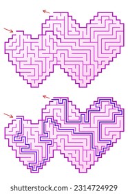 Maze in a shape of two connected pink hearts. Find the way through labyrinth romantic game. Vector symbol of love illustration.