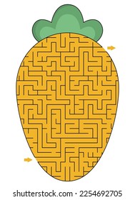 Maze shaped as carrot for kids. Preschool printable activity with big vegetable. Geometrical labyrinth game or puzzle
