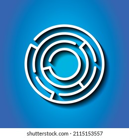 Maze simple icon. Flat desing. White icon with shadow on blue background.ai