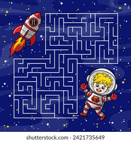 Maze space kids game. Colorful Labyrinth puzzle. Help the cartoon astronaut boy find way to the space rocket. Educational worksheet for school children. Colored vector design with spaceman, spaceship.