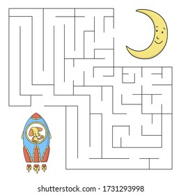 Maze with spaceship, dog,  moon. Educational children game. Vector illustration.