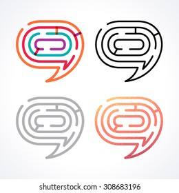 Maze speech bubble set. Linear vector labyrinths, transparent overlapping colorful bubble, black and gray linear bubbles, grunge bubble 