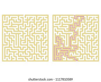 Maze in square. Labyrinth with solution. Maze symbol. Isolated on white background.