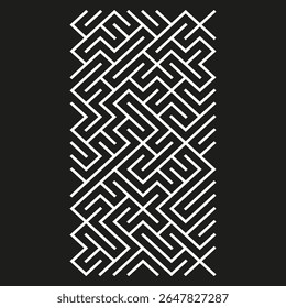 Vetor de tarja de labirinto. Padrão de bloqueio preto. Textura de tecelagem geométrica. Layout de faixa vertical. 
