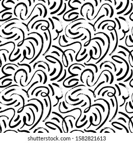 Maze with swirled, curved lines vector seamless pattern. Repeating abstract background with chaotic random waves, lines, dashes and curls. Freehand brush strokes. Scribbles and smears on fabric 