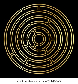 Maze Symbol Round Icon Design. Vector gold simple circle labyrinth sign or logo element isolated on black background