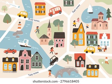 Maze, vector labyrinth for children with cartoon map, with way passing through the city. Cartoon childish city print. Vector childish  pattern with  town symbols, cars, houses, buildings, trees, streets.  City easy simple drawing map.