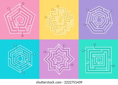 Maze way game set, riddle puzzle collection. Square, circle path and polygonal shapes, mental labyrinth, exit from map, conundrum design, wrong entrance. Vector abstract tidy concept