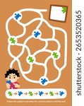 Maze worksheet for children helps a cute cartoon boy collect puzzle pieces
