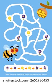 Maze worksheet for children helps a cute cartoon bee collect the flower