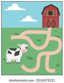 Maze worksheet full color in theme animal farm, cow labyrinth activity for kids, maze printable for kindergarten 