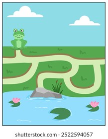 Maze worksheet full color in theme animal, frog labyrinth activity for kids, maze printable for kindergarten 