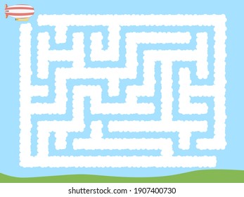 Maze. Zeppeling flying through the clouds. Educational game for children. Vector illustration.