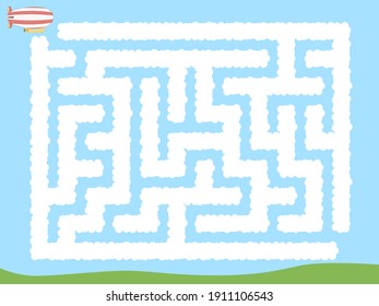 Maze. Zeppeling flying through the clouds. Educational game for children. Vector illustration.