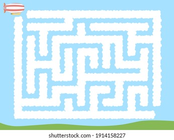 Maze. Zeppeling flying through the clouds. Educational game for children. Vector illustration.