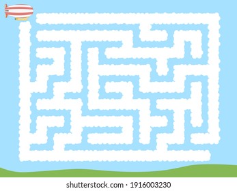 Maze. Zeppeling flying through the clouds. Educational game for children. Vector illustration.