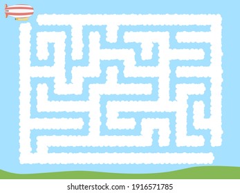 Maze. Zeppeling volando a través de las nubes. Juego educativo para niños. Ilustración vectorial.