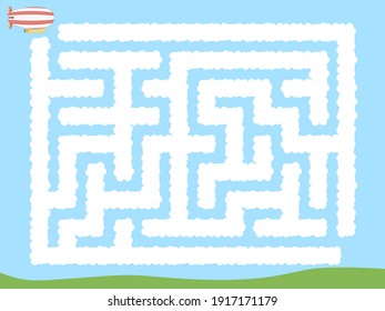 Maze. Zeppeling flying through the clouds. Educational game for children. Vector illustration.