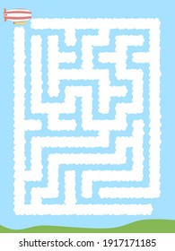Maze. Zeppeling volando a través de las nubes. Juego educativo para niños. Ilustración vectorial.