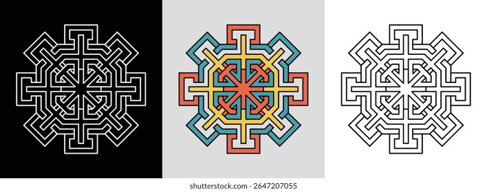 Mandala inspirada em labirinto com linhas retas interligadas e preenchimentos vibrantes para decoração dinâmica.