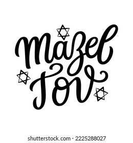 Mazel tov. Hand lettering text with stars of David isolated on white background. Vector typography for cards, banners, posters