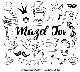 Mazel tov lettering, Jewish holiday hand drawn items set, vector illustration.