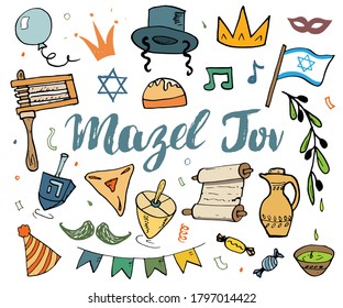 Mazel tov lettering, Jewish holiday hand drawn items set, vector illustration.