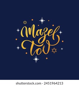 Mazel tov, Mazal tov - felicitaciones en hebreo. Texto escrito a mano, tipografía para invitación y tarjetas de felicitación. Caligrafía de pincel moderna. Vector ilustración colorida