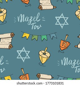 Mazel tov seamless pattern, Jewish holiday hand drawn items, vector illustration.