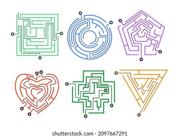 Mazes with various entrances and exits, directions, right and wrong ways. Mysteries of different shape such as heart, square, circle cartoon vector illustration set. Riddles, labyrinth games concept