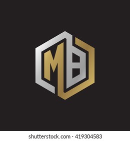 MB initial letters looping linked hexagon elegant logo golden silver black background