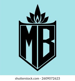MB Logo featuring a minimalist design with a crown-like flower symbol on top, bold black elements, and a soft blue background, perfect for branding and modern visual identity.