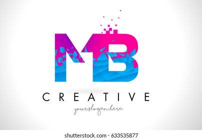 MB M B Letter Logo with Broken Shattered Blue Pink Triangles Texture Design Vector Illustration.