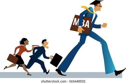 MBA graduate walking ahead of a group of a competitors running behind him, EPS 8 vector illustration