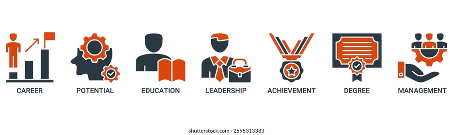 MBA icon set. Vector illustration concept of master of business administration with icon of career, potential, education, leadership, achievement, degree and management icons solid color symbol.