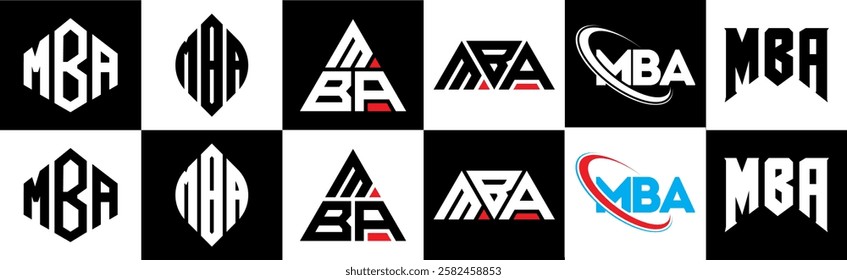 MBA letter logo design in six style. MBA polygon, circle, triangle, hexagon, flat and simple style with black and white color variation letter logo set in one artboard. MBA minimalist and classic logo