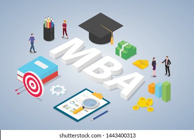 mba master of business administration concept with graduate university hat education and team people with isometric modern style - vector