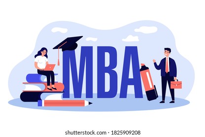 MBA school students. Person using laptop on stack of books near graduation cap, studying business administration and management. Flat vector illustration for academic education, knowledge concept